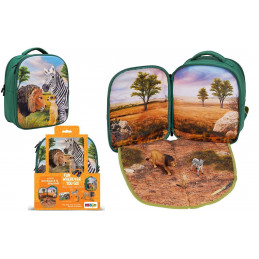 Mochila Selva 3D con 3 figuras y folleto de coleccionista (Leon, Zebra y Suricato)