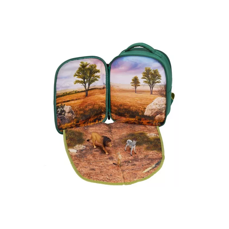 Mochila Selva 3D con 3 figuras y folleto de coleccionista (Leon, Zebra y Suricato)