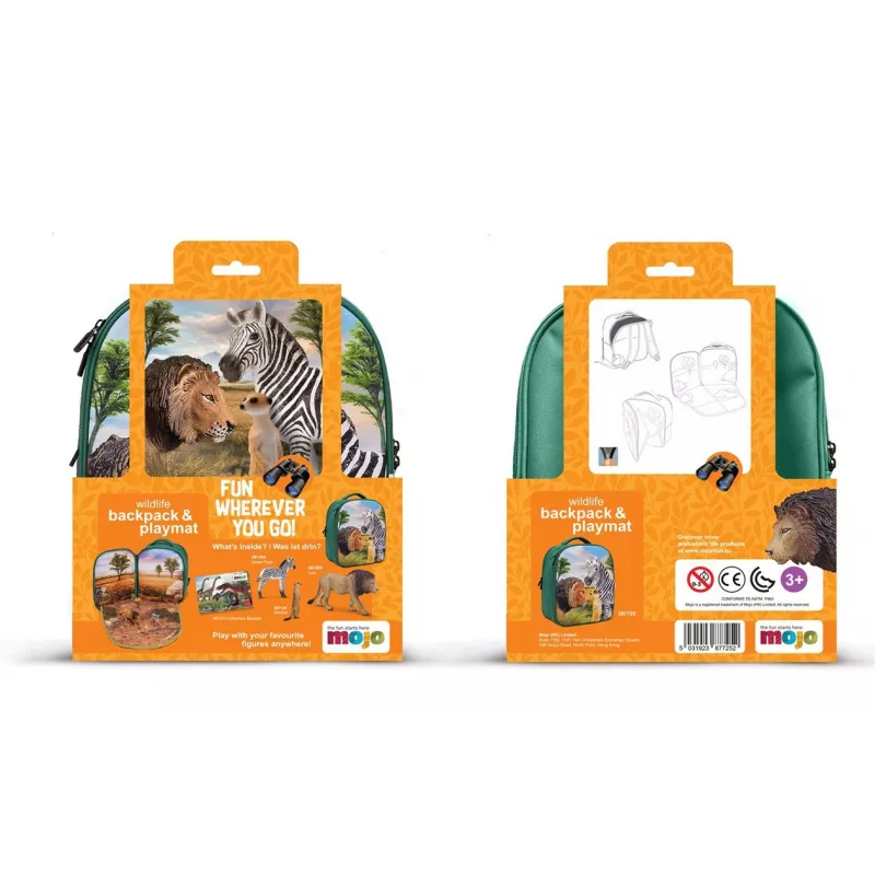 Mochila Selva 3D con 3 figuras y folleto de coleccionista (Leon, Zebra y Suricato)
