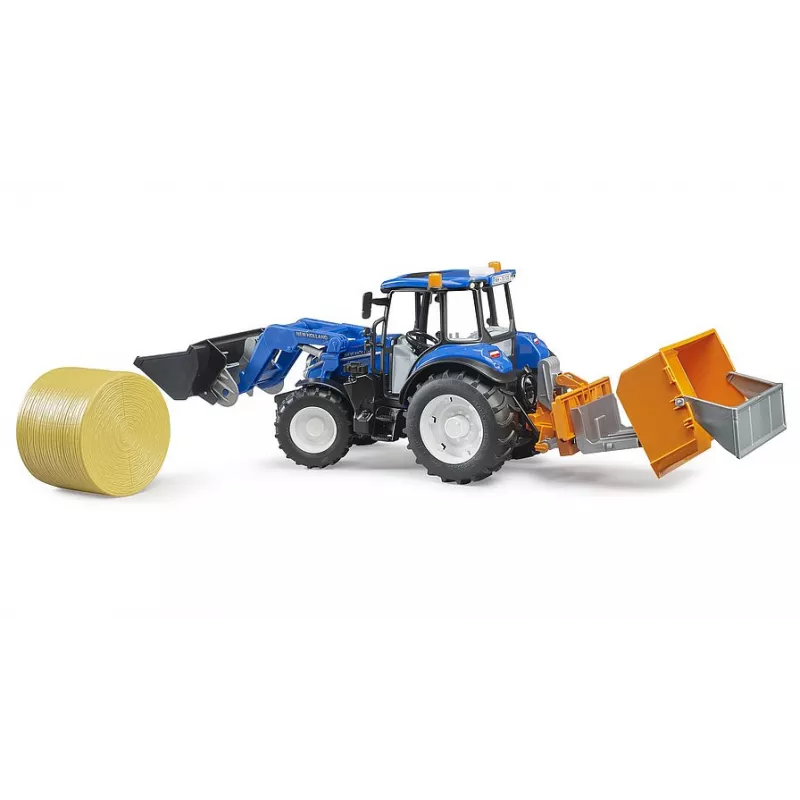 New Holland T5.120 con cargador frontal, caja de carga y horquillas