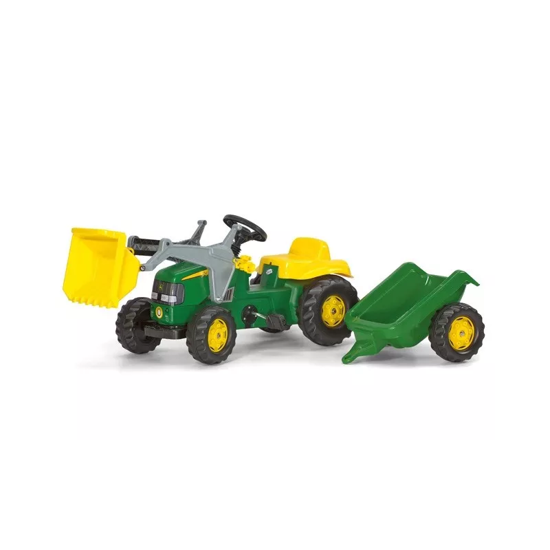 Tractor John Deere con pala y remolque a pedales