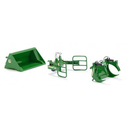 Un conjunto de herramientas cargadora John Deere verde - escala 1:32