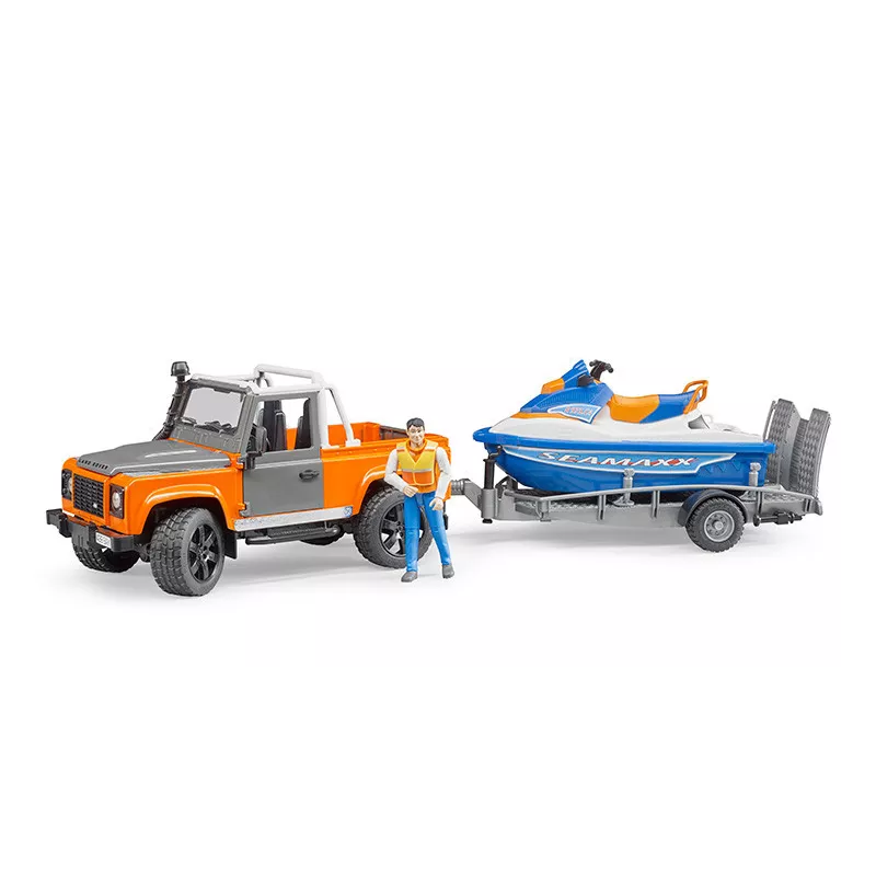 Land Rover Def. Pick Up con remolque moto acuática y piloto - escala 1:16