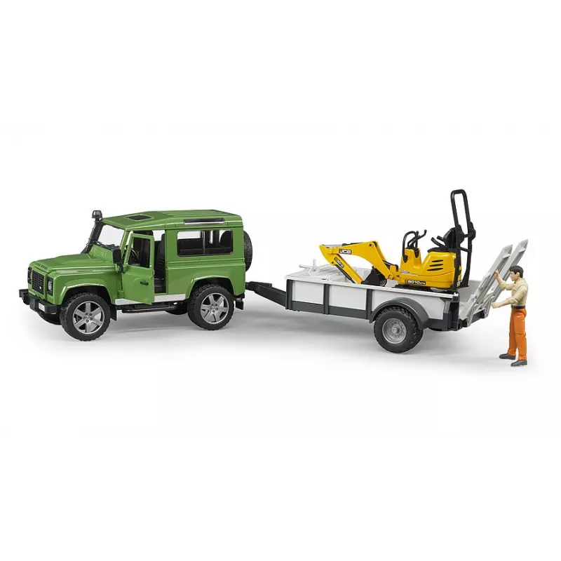 Coche Land Rover con remolque micro excavadora JCB y muñeco - Escala 1:16